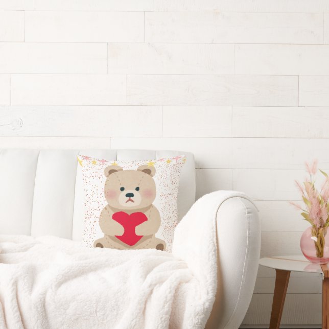 Cute Teddy Bear Holding Heart Throw Pillow (Couch)