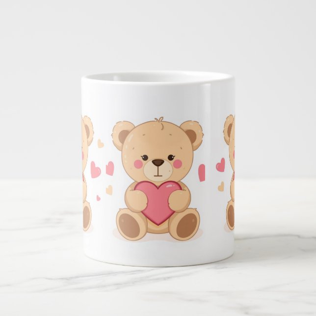 Cute Teddy Bear Holding Heart – Valentine Love Ill Giant Coffee Mug (Front)