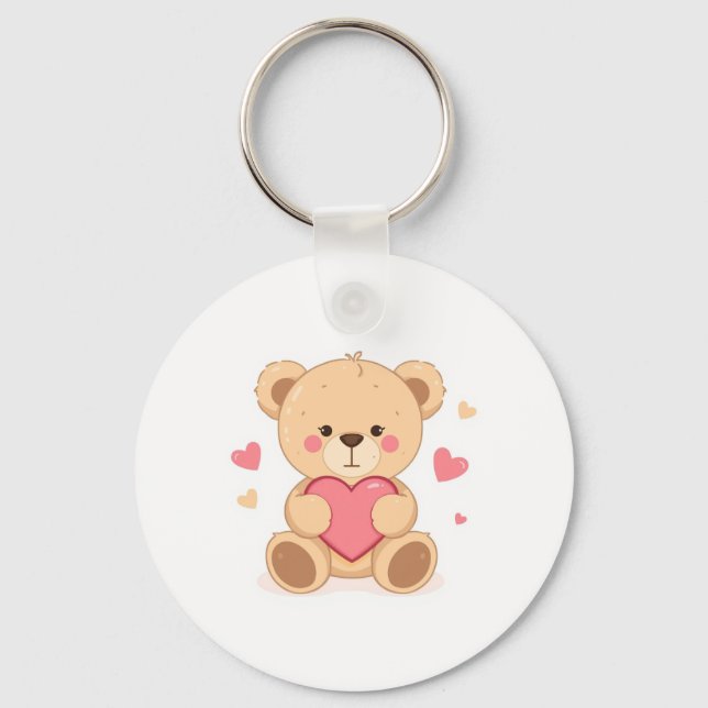 Cute Teddy Bear Holding Heart – Valentine Love Ill Keychain (Front)