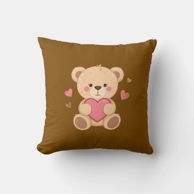 Cute Teddy Bear Holding Heart – Valentine Love Ill Throw Pillow (Front)