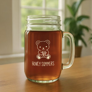 Cute Teddy Bear Holding Honey Custom Name Mason Jar W/ Handle