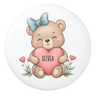 Cute Teddy Bear Holding Pink Heart Ceramic Knob