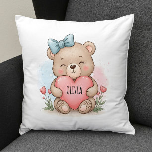 Cute Teddy Bear Holding Pink Heart Throw Pillow