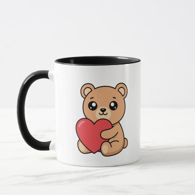Cute Teddy Bear Holding Red Heart Mug (Left)
