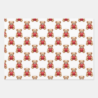 Cute teddy bear holding red hearts valentine wrapping paper sheets
