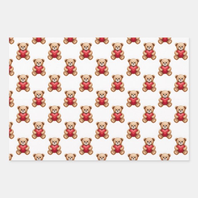 Cute teddy bear holding red hearts valentine wrapping paper sheets (Front)