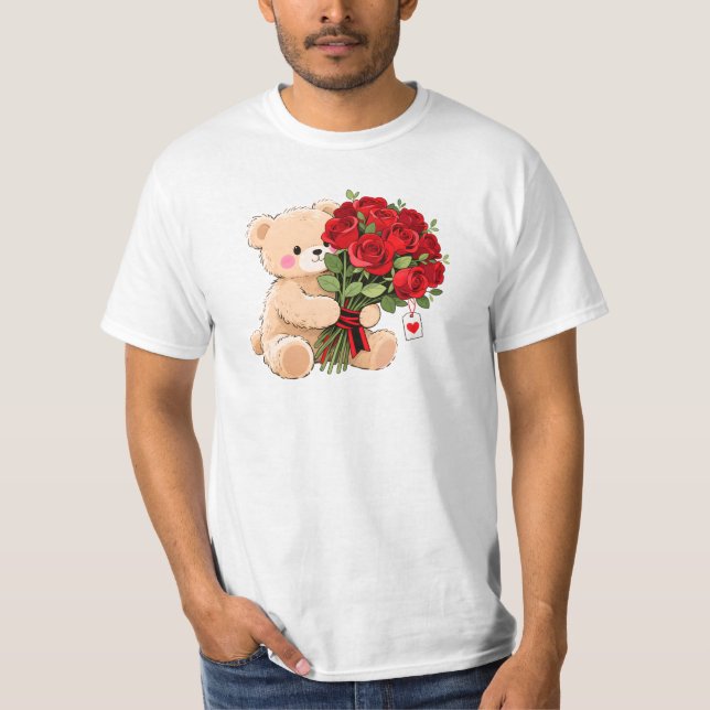 Cute Teddy Bear Holding Valentine Roses T-Shirt (Front)
