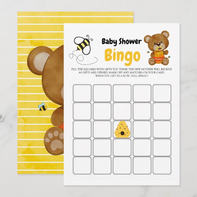 Cute Teddy Bear Honey Bumblebee Baby Shower Bingo (Front/Back)