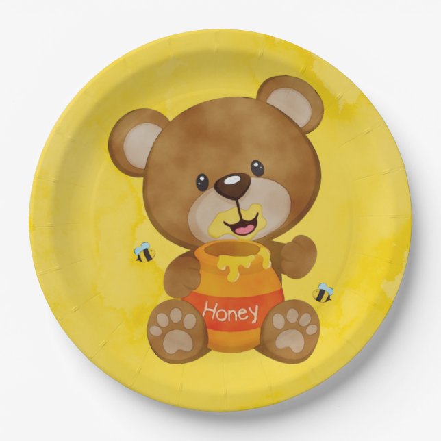 Cute Teddy Bear Honey Bumblebee Baby Shower  Paper Plates (Front)