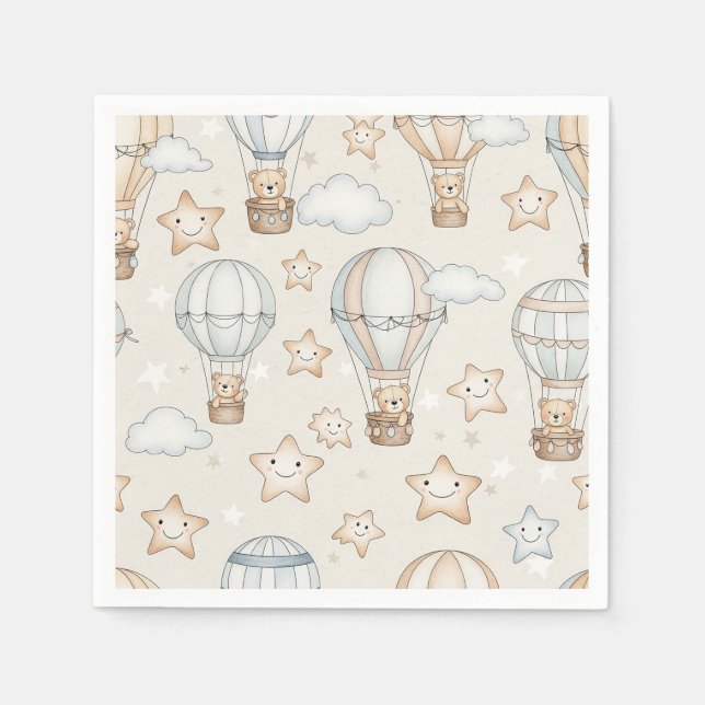 Cute Teddy Bear Hot Air Balloon Neutral Pattern 1 Napkins (Front)