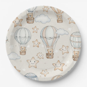 Cute Teddy Bear Hot Air Balloon Neutral Pattern 1 Paper Plates