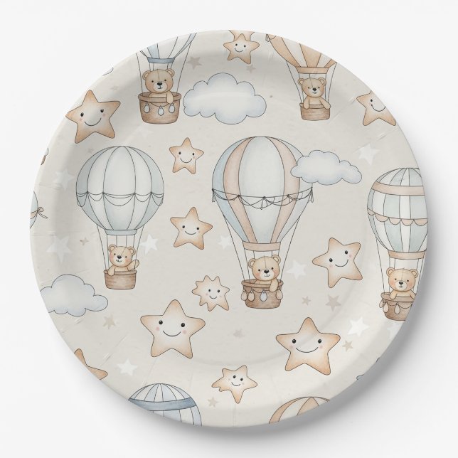 Cute Teddy Bear Hot Air Balloon Neutral Pattern 1 Paper Plates (Front)