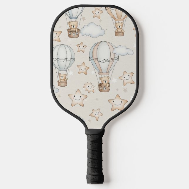 Cute Teddy Bear Hot Air Balloon Neutral Pattern 1 Pickleball Paddle (Front)