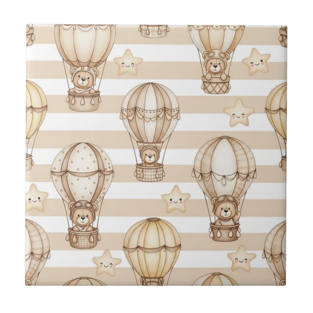 Cute Teddy Bear Hot Air Balloon Neutral Pattern 2 Ceramic Tile (Front)