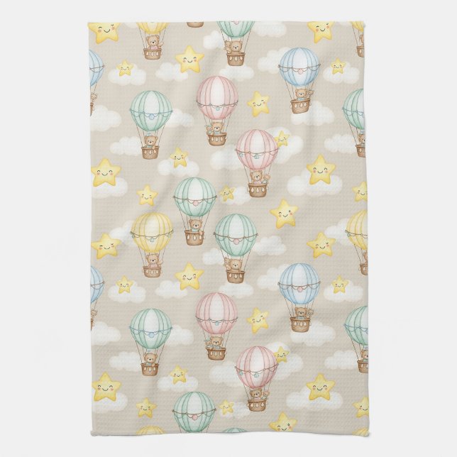 Cute Teddy Bear Hot Air Balloon Neutral Pattern 2 Kitchen Towel (Vertical)