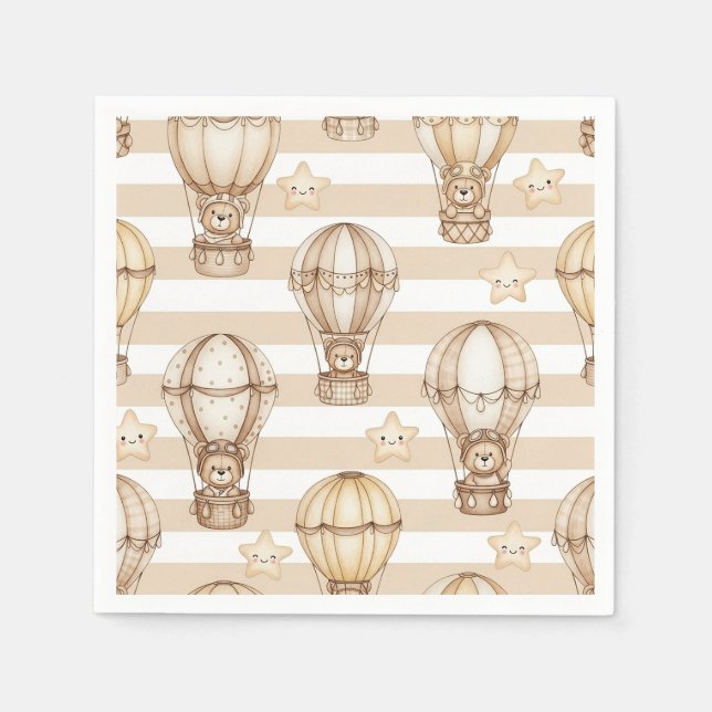 Cute Teddy Bear Hot Air Balloon Neutral Pattern 2 Napkins (Front)