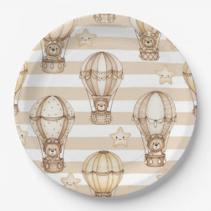 Cute Teddy Bear Hot Air Balloon Neutral Pattern 2 Paper Plates