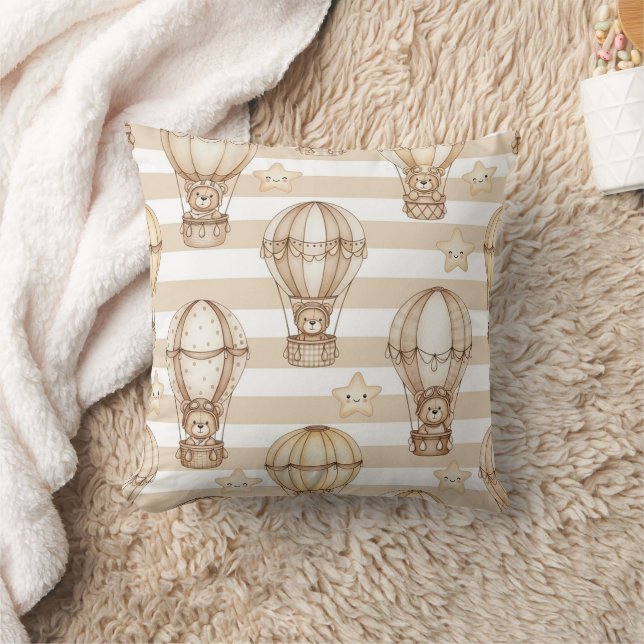 Cute Teddy Bear Hot Air Balloon Neutral Pattern 2 Throw Pillow (Blanket)
