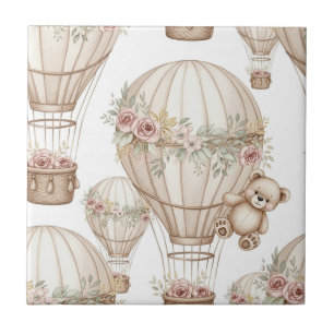 Cute Teddy Bear Hot Air Balloon Neutral Pattern 3 Ceramic Tile