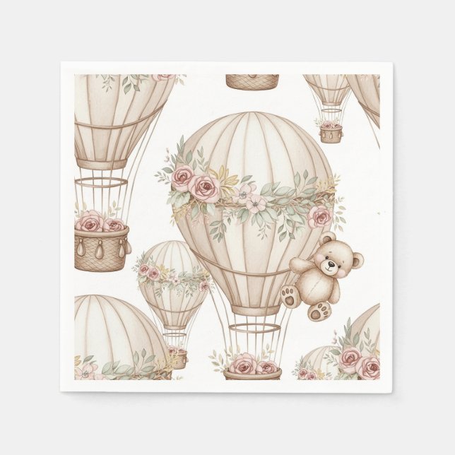 Cute Teddy Bear Hot Air Balloon Neutral Pattern 3 Napkins (Front)