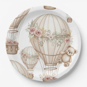 Cute Teddy Bear Hot Air Balloon Neutral Pattern 3 Paper Plates