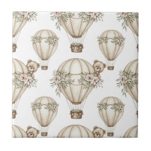 Cute Teddy Bear Hot Air Balloon Neutral Pattern 4 Ceramic Tile