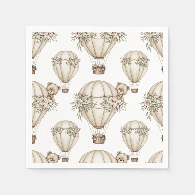 Cute Teddy Bear Hot Air Balloon Neutral Pattern 4 Napkins (Front)