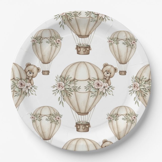 Cute Teddy Bear Hot Air Balloon Neutral Pattern 4 Paper Plates (Front)
