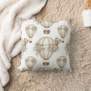 Cute Teddy Bear Hot Air Balloon Neutral Pattern 4 Throw Pillow