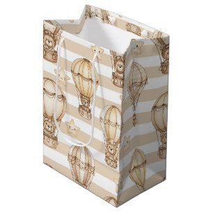 Cute Teddy Bear Hot Air Balloon Neutral Pattern 5 Medium Gift Bag