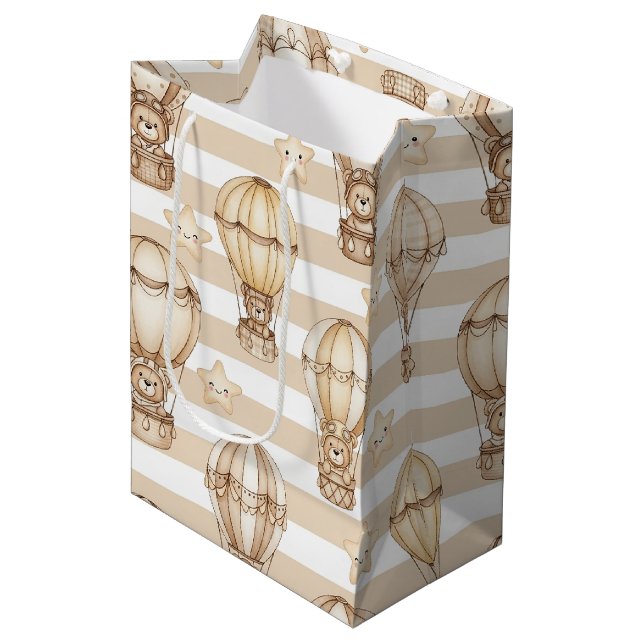 Cute Teddy Bear Hot Air Balloon Neutral Pattern 5 Medium Gift Bag (Front Angled)