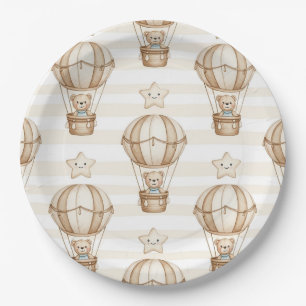 Cute Teddy Bear Hot Air Balloon Neutral Pattern 5 Paper Plates