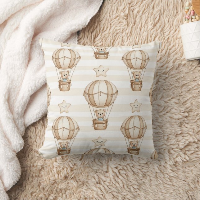 Cute Teddy Bear Hot Air Balloon Neutral Pattern 5 Throw Pillow (Blanket)