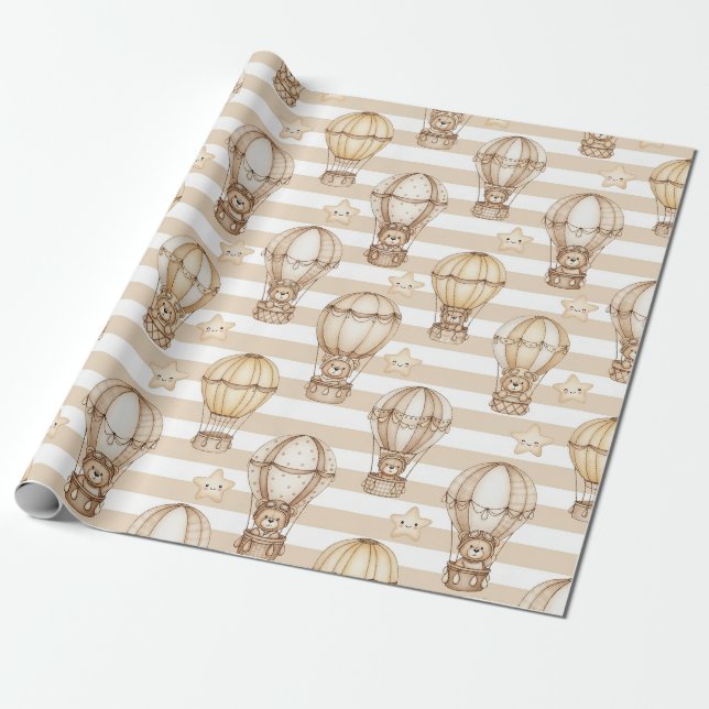 Cute Teddy Bear Hot Air Balloon Neutral Pattern 5 Wrapping Paper (Unrolled)