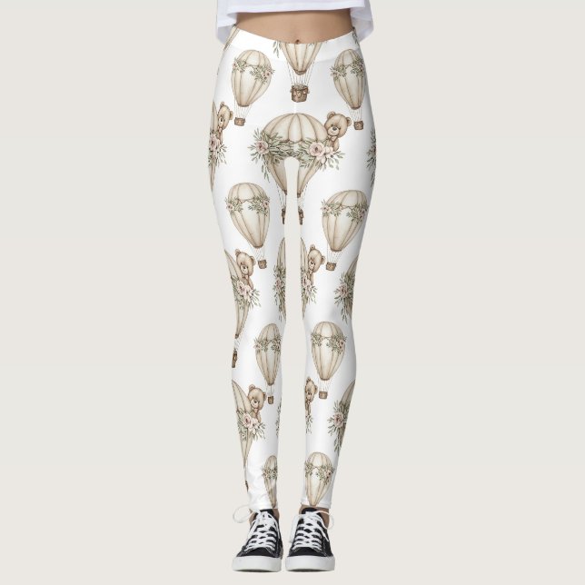Cute Teddy Bear Hot Air Balloon Neutral Pattern 6 Leggings (Front)