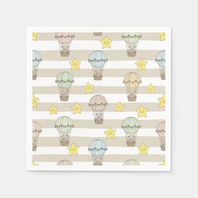 Cute Teddy Bear Hot Air Balloon Neutral Pattern 6 Napkins (Front)