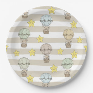 Cute Teddy Bear Hot Air Balloon Neutral Pattern 6 Paper Plates