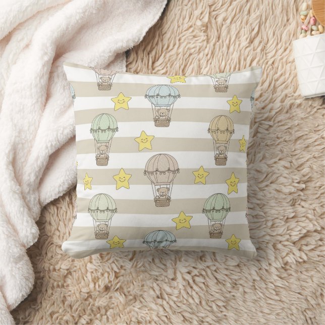 Cute Teddy Bear Hot Air Balloon Neutral Pattern 6 Throw Pillow (Blanket)