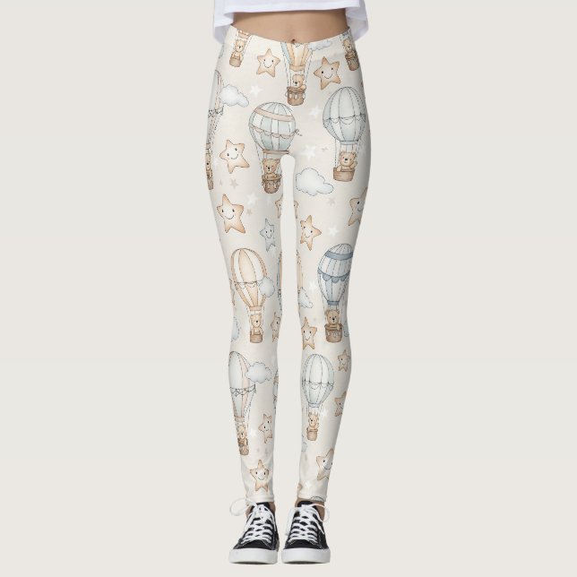 Cute Teddy Bear Hot Air Balloon Neutral Pattern 7 Leggings (Front)