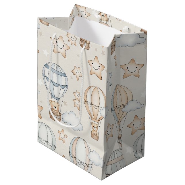 Cute Teddy Bear Hot Air Balloon Neutral Pattern 7 Medium Gift Bag (Front Angled)