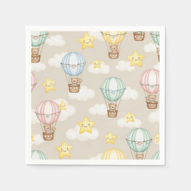 Cute Teddy Bear Hot Air Balloon Neutral Pattern 7 Napkins (Front)