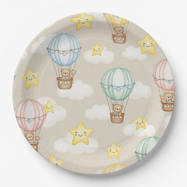 Cute Teddy Bear Hot Air Balloon Neutral Pattern 7 Paper Plates (Front)