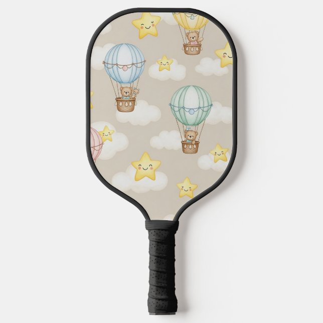 Cute Teddy Bear Hot Air Balloon Neutral Pattern 7 Pickleball Paddle (Front)
