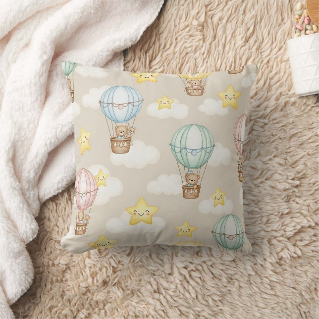Cute Teddy Bear Hot Air Balloon Neutral Pattern 7 Throw Pillow (Blanket)