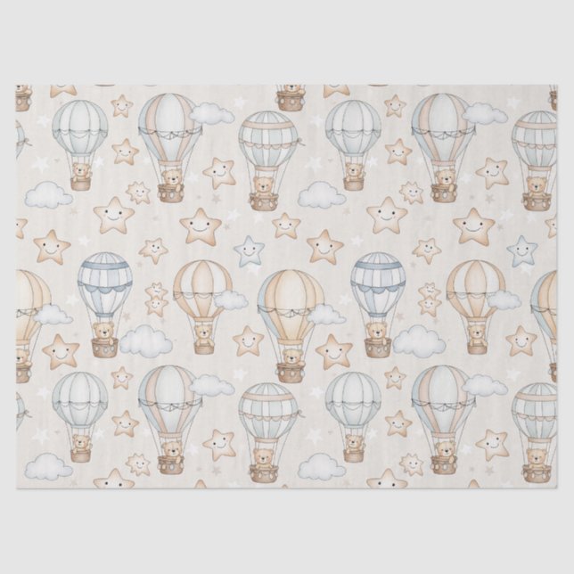 Cute Teddy Bear Hot Air Balloon Neutral Pattern 7 Tissue Paper (Front)