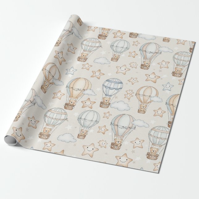Cute Teddy Bear Hot Air Balloon Neutral Pattern 7 Wrapping Paper (Unrolled)