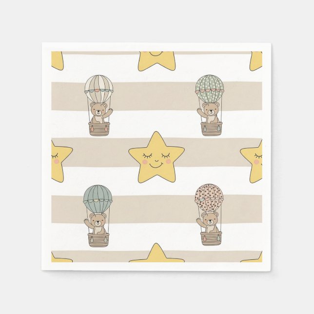 Cute Teddy Bear Hot Air Balloon Neutral Pattern 8 Napkins (Front)