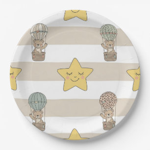 Cute Teddy Bear Hot Air Balloon Neutral Pattern 8 Paper Plates