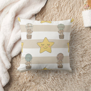 Cute Teddy Bear Hot Air Balloon Neutral Pattern 8 Throw Pillow