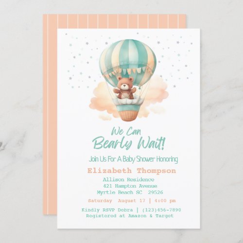 Cute Teddy Bear Hot Air Balloons Baby Shower   Invitation